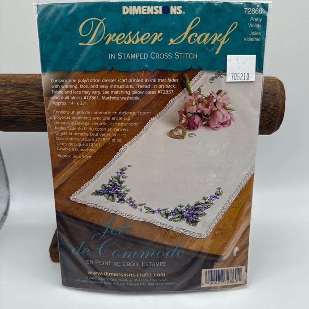 Dimensions Stamped Cross Stitch Dresser Scarf and Pillowcase Set Pretty Violets - Picture 3 of 5